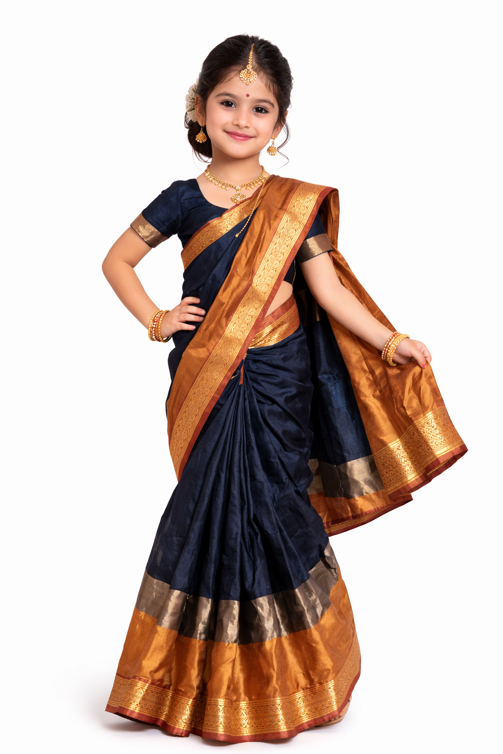 Blue saree golden Border 