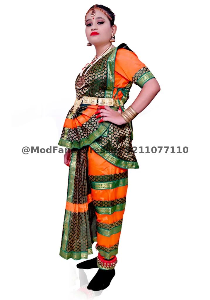 Bharatanatyam Dance Dress Green Orange Thumbnail