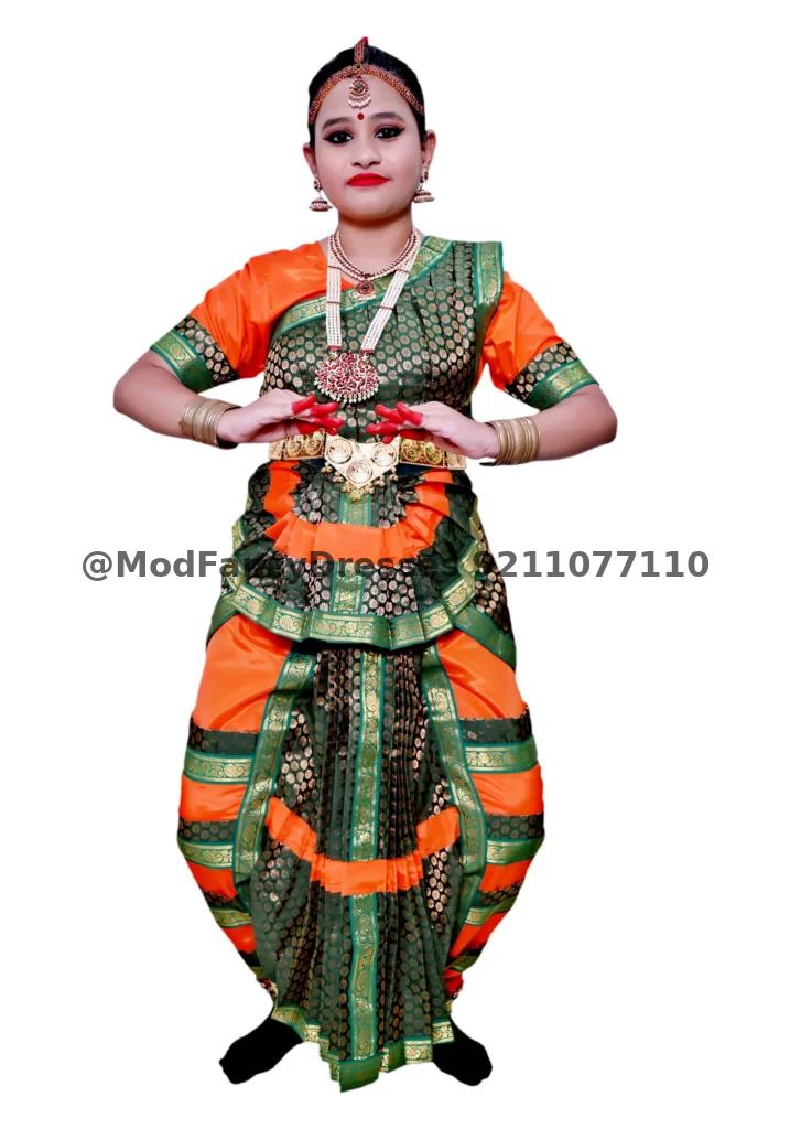 Bharatanatyam Dance Dress Green Orange Thumbnail