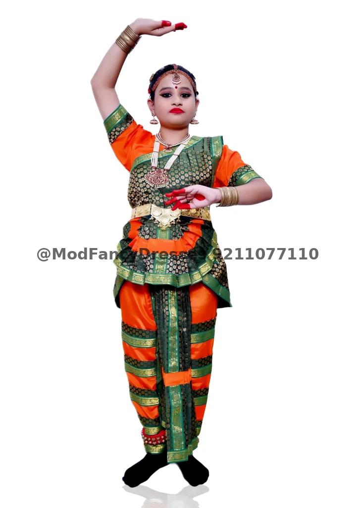 Bharatanatyam Dance Dress Green Orange Thumbnail