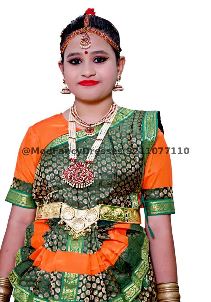 Bharatanatyam Dance Dress Green Orange Thumbnail