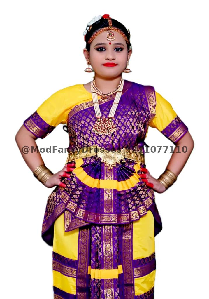 Bharatanatyam Dance Fancy Dress In Yellow Purple Colour Thumbnail