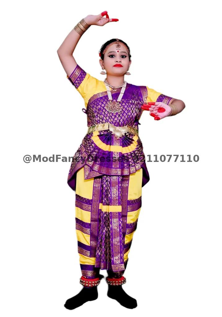 Bharatanatyam Dance Fancy Dress In Yellow Purple Colour Thumbnail