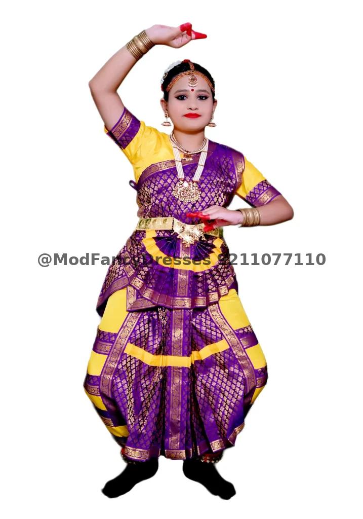 Bharatanatyam Dance Fancy Dress In Yellow Purple Colour Thumbnail