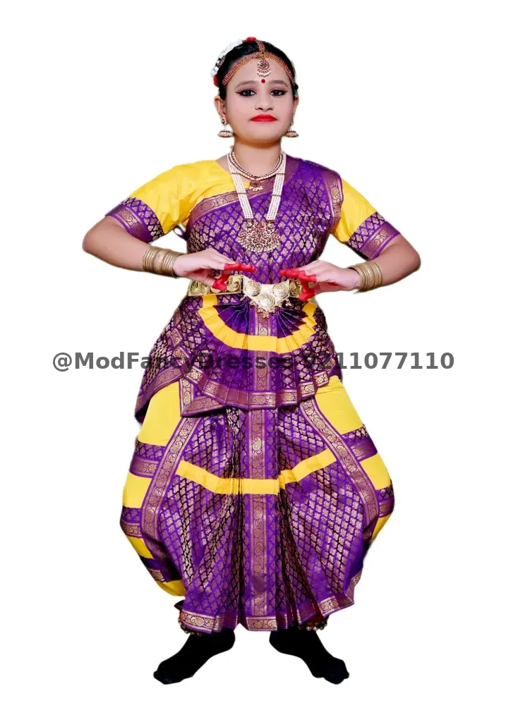 Bharatanatyam Dance Fancy Dress In Yellow Purple Colour
