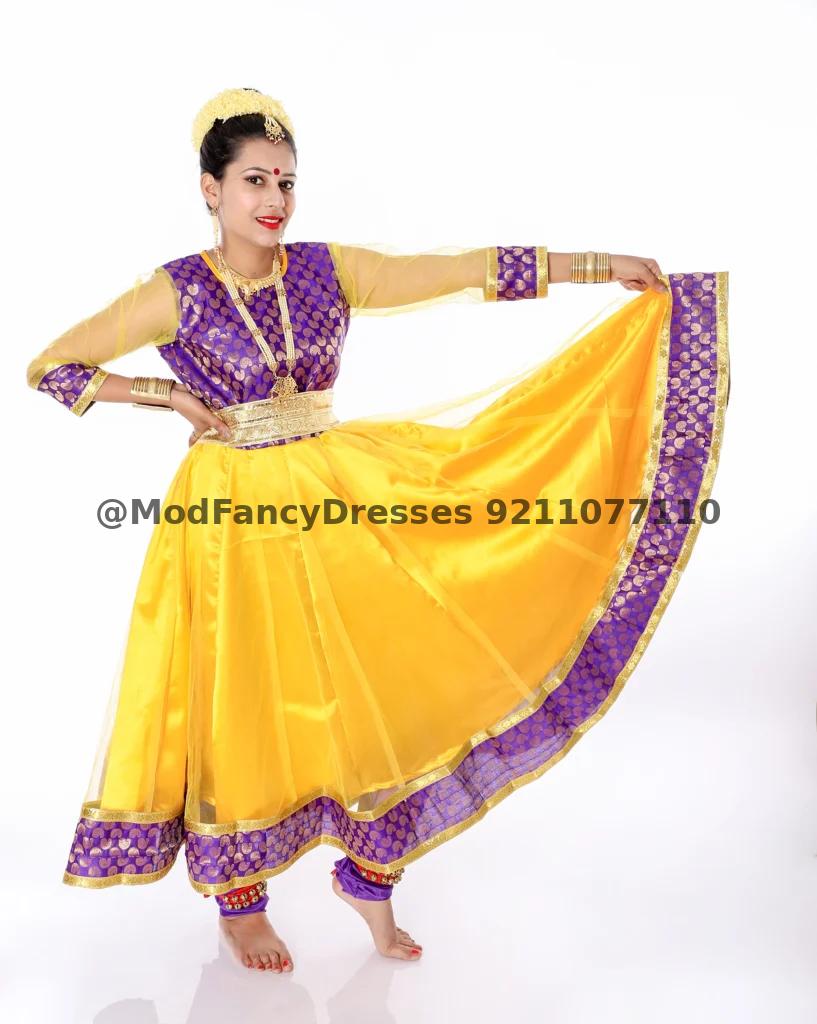 Kathak Dance Dress Costume Yellow With Purple Thumbnail