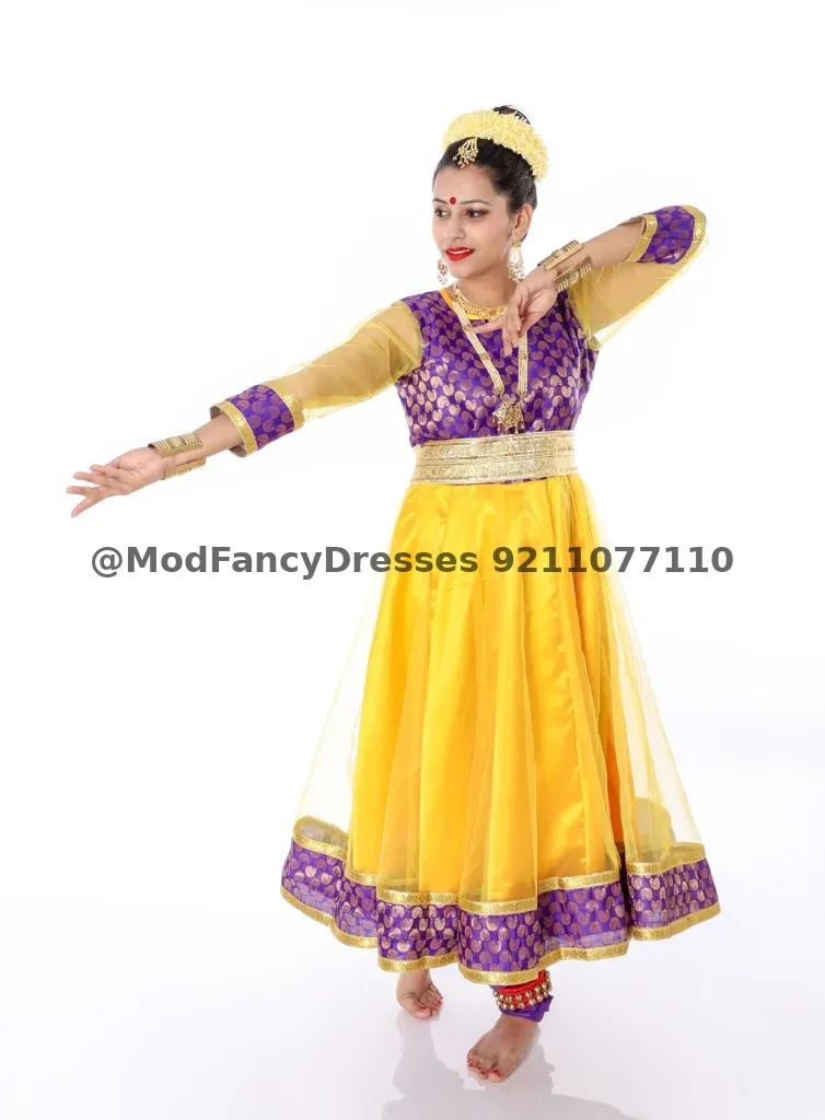 Kathak Dance Dress Costume Yellow With Purple